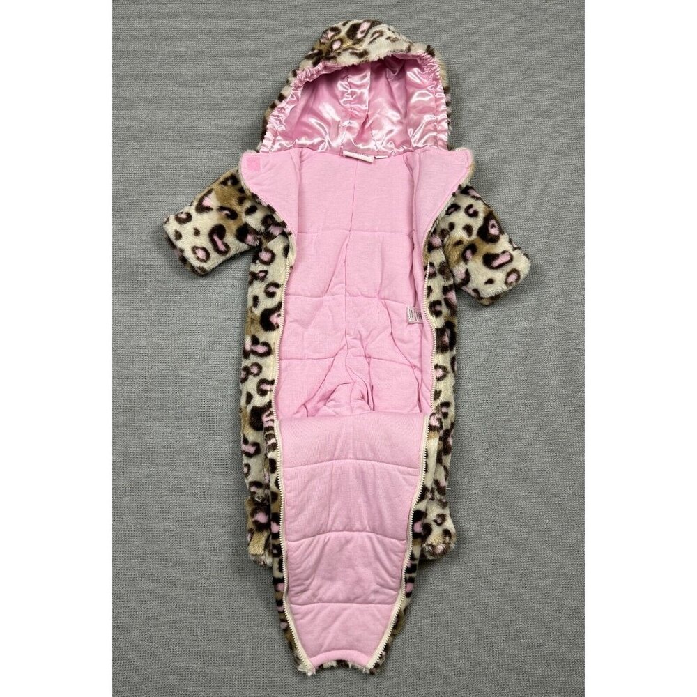 Baby Girls Leopard Print Faux Fur Hooded Bunting Suit 6/9M Satin Bow Lined - Picture 3 of 14